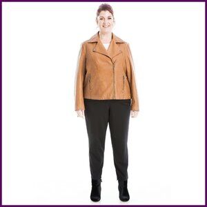 Plus Size Faux Leather Jacket with Zipper Cuffs & Notch Lapel